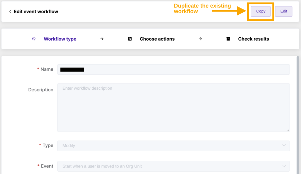 Copy buttons to copy Existing event workflow opened after clicking eye icon