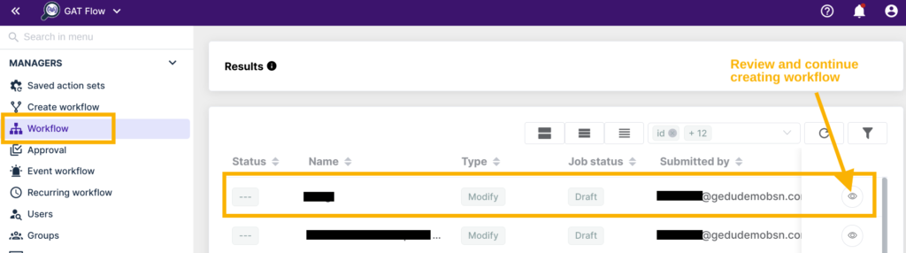 Screen showing accessing saved draft within workflows