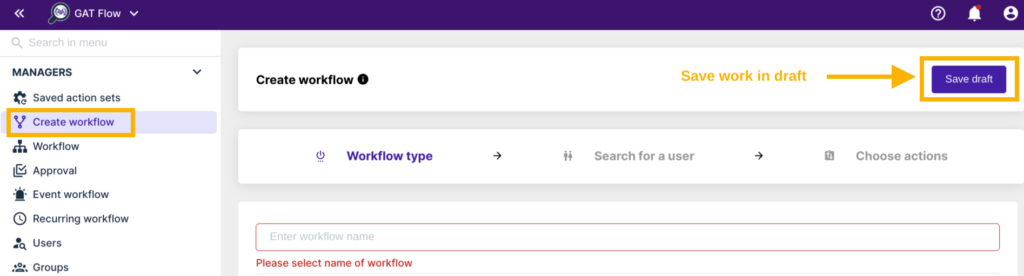 Save Draft buttons in Create Workflow window in GAT Tool