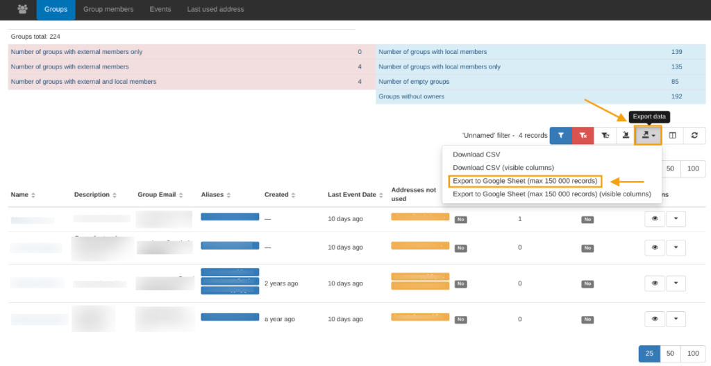 Choosing "Export to Google Sheet (max 150 000 records)" option
