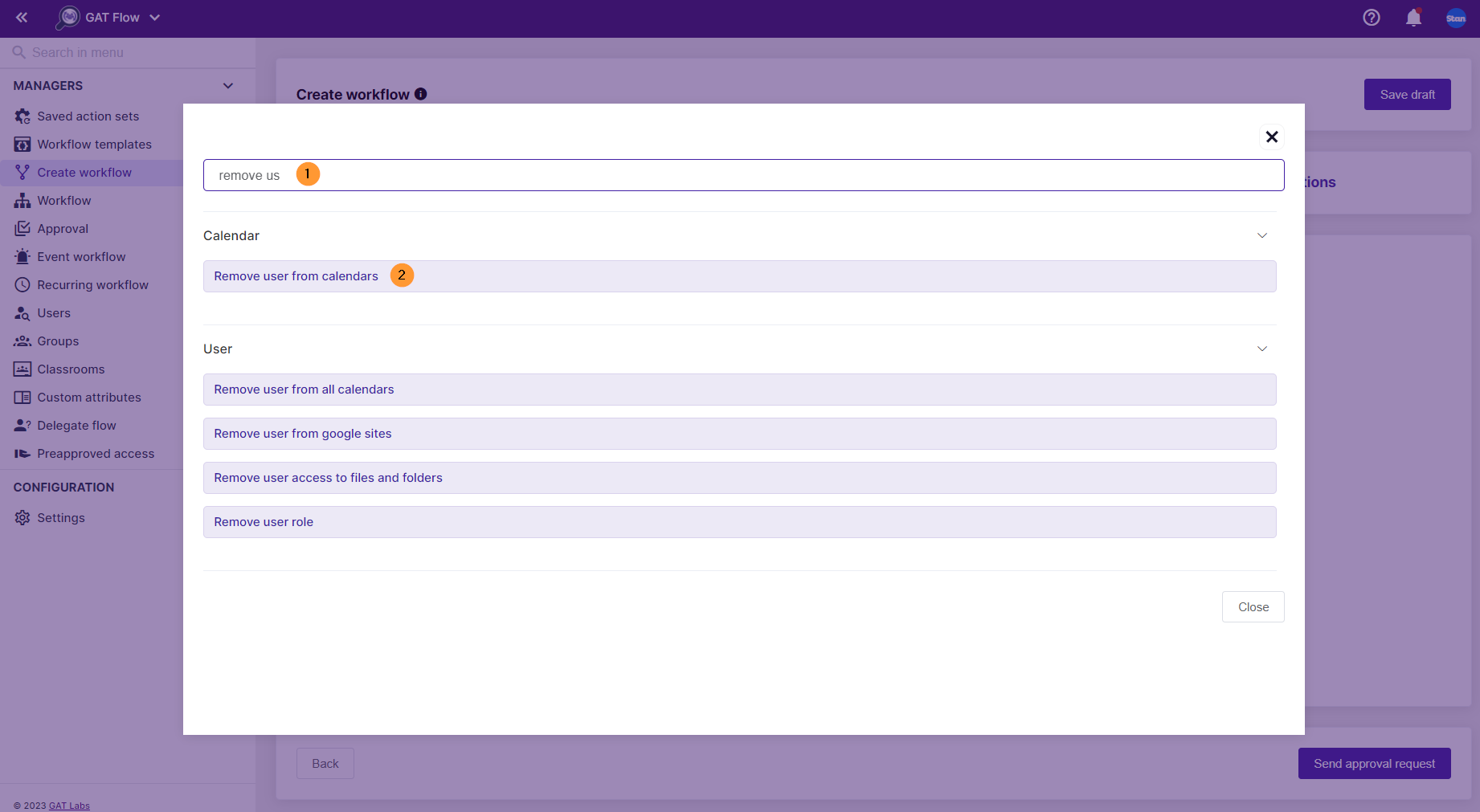 'Remove user from calendars' action