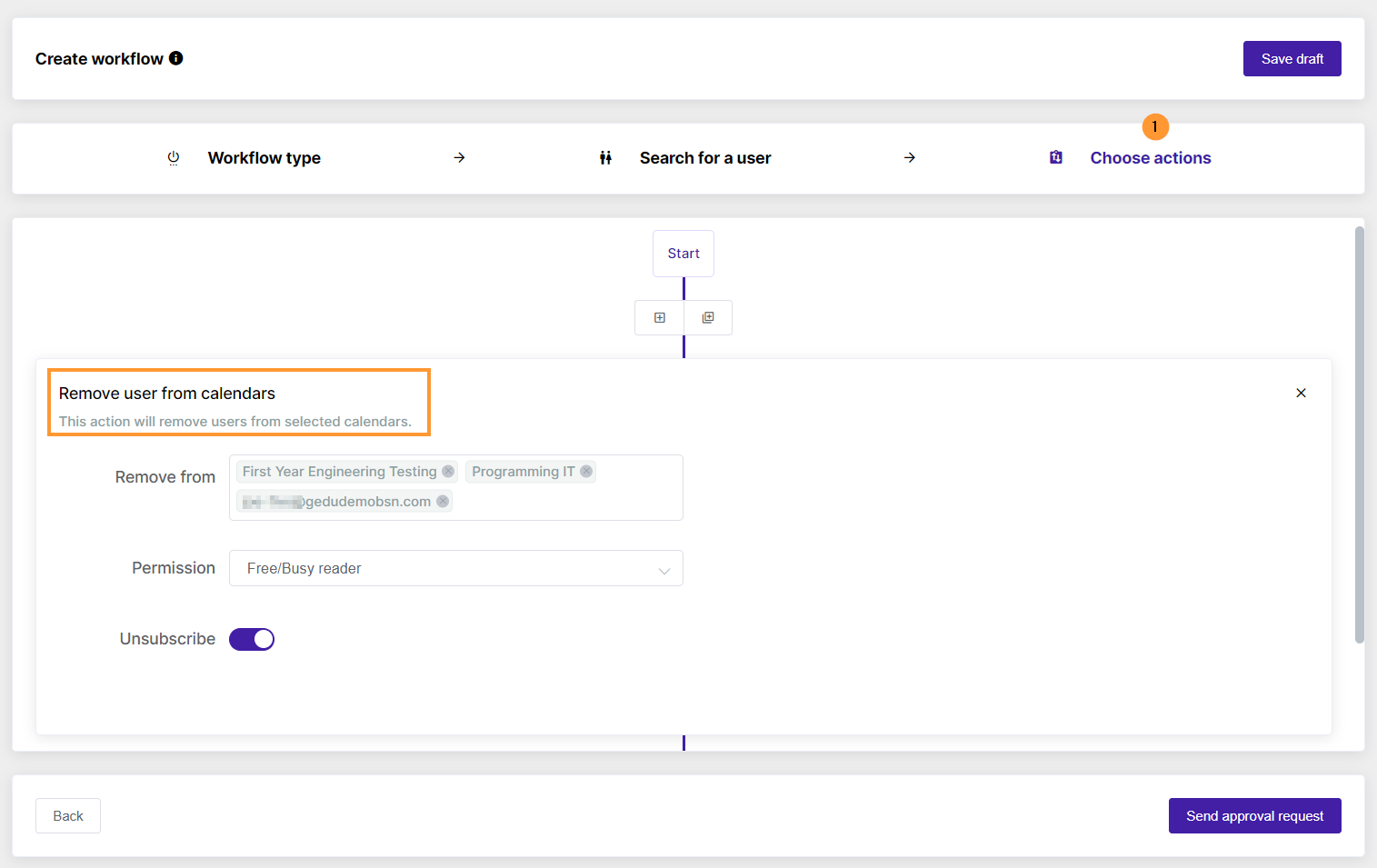 'Remove user from calendars' action
